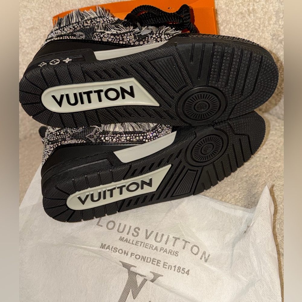 Fashion inspired  Black  and Grey Monogram Patchwork Sneakers - Picture 6 of 7